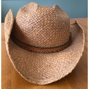 Shady Brady Cowboy Hat Mens Size Medium Tan Straw Leather Band Western USA